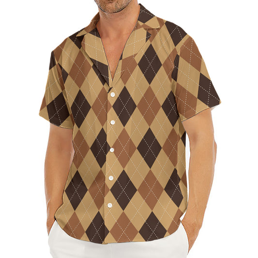Brown Argyle Pattern Print Men's Deep V-Neck Shirt
