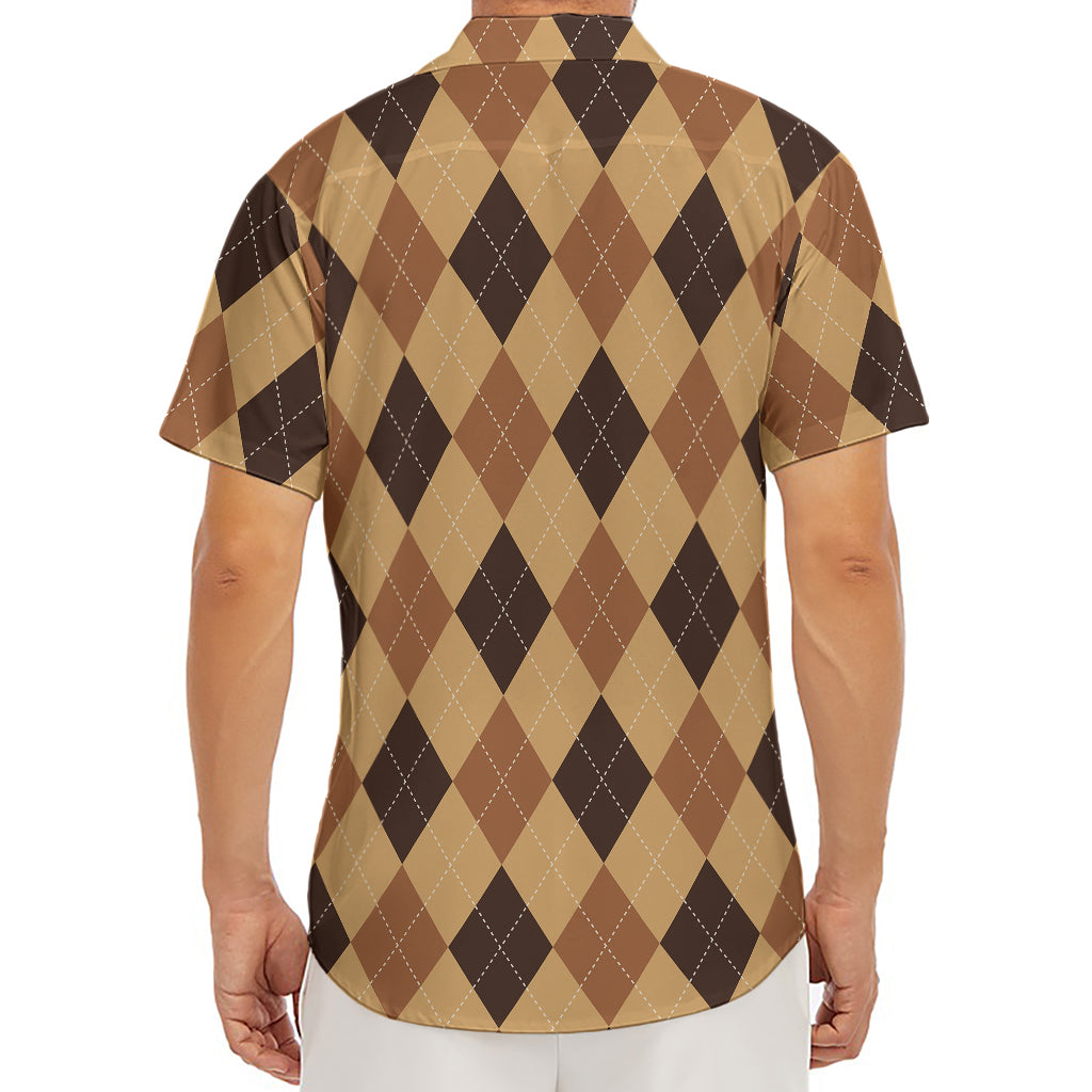 Brown Argyle Pattern Print Men's Deep V-Neck Shirt