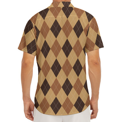 Brown Argyle Pattern Print Men's Deep V-Neck Shirt