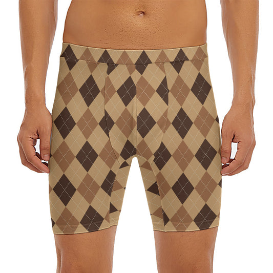 Brown Argyle Pattern Print Men's Long Boxer Briefs
