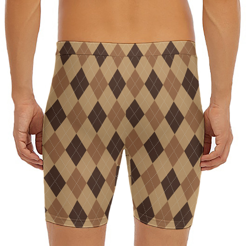 Brown Argyle Pattern Print Men's Long Boxer Briefs