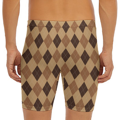 Brown Argyle Pattern Print Men's Long Boxer Briefs