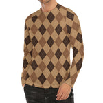 Brown Argyle Pattern Print Men's Long Sleeve Rash Guard