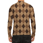 Brown Argyle Pattern Print Men's Long Sleeve Rash Guard