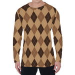 Brown Argyle Pattern Print Men's Long Sleeve T-Shirt