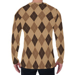 Brown Argyle Pattern Print Men's Long Sleeve T-Shirt
