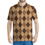 Brown Argyle Pattern Print Men's Polo Shirt