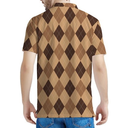 Brown Argyle Pattern Print Men's Polo Shirt