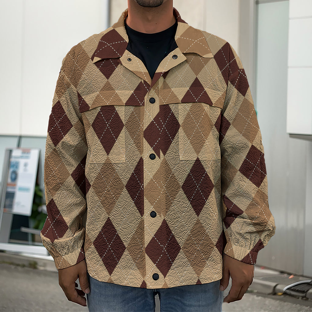 Brown Argyle Pattern Print Men's Shirt Jacket