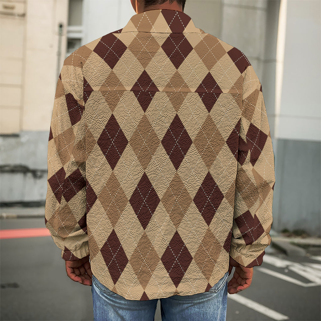 Brown Argyle Pattern Print Men's Shirt Jacket