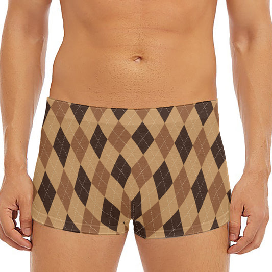 Brown Argyle Pattern Print Men's Short Boxer Briefs