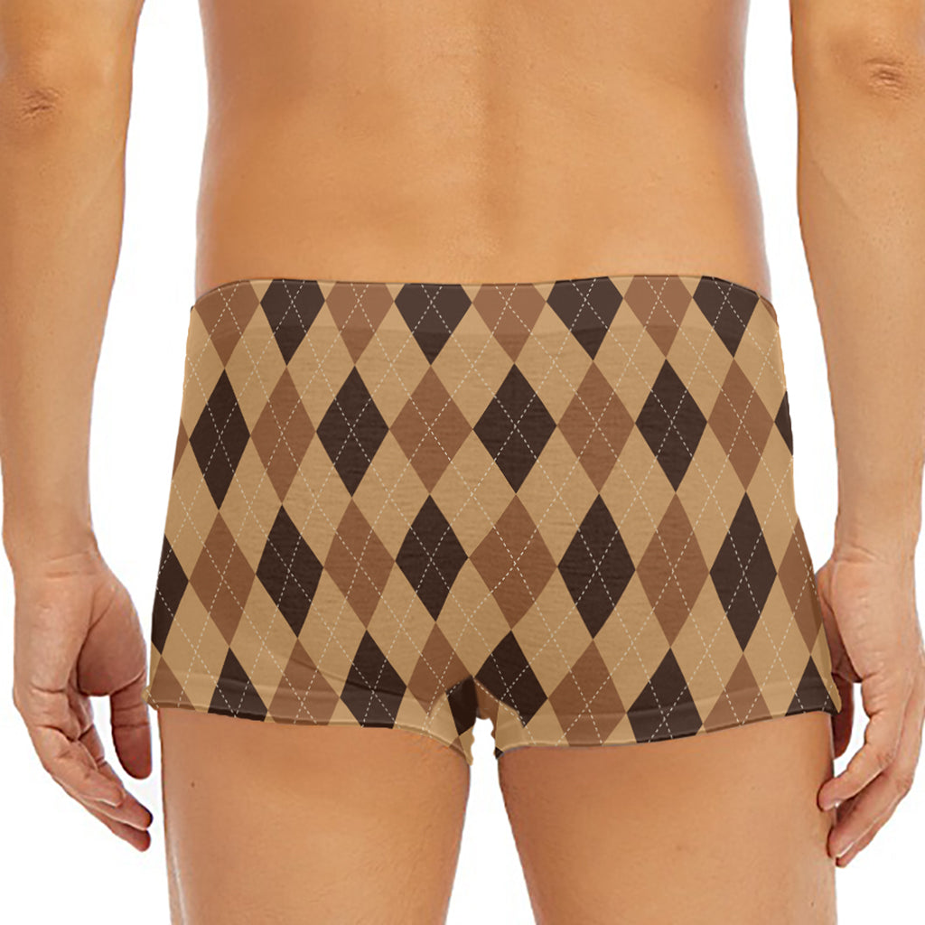 Brown Argyle Pattern Print Men's Short Boxer Briefs