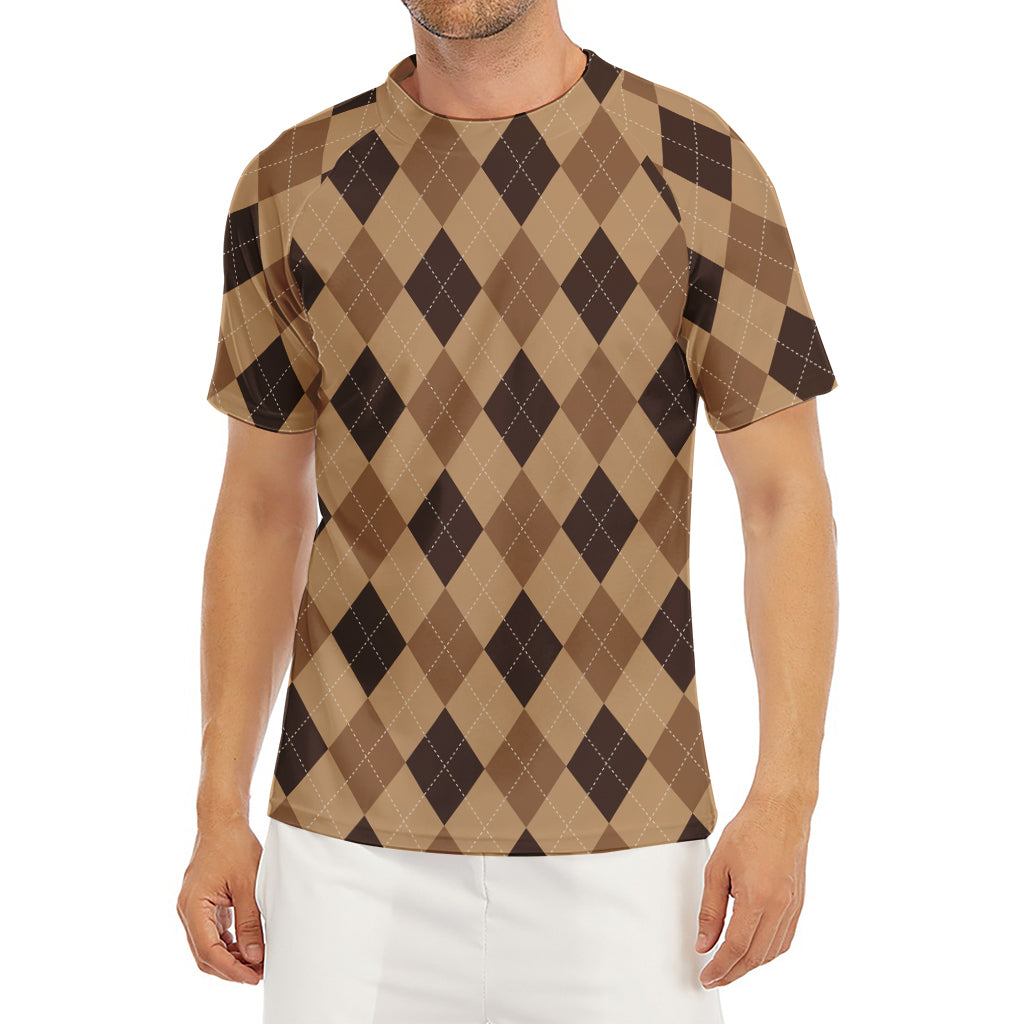 Brown Argyle Pattern Print Men's Short Sleeve Rash Guard