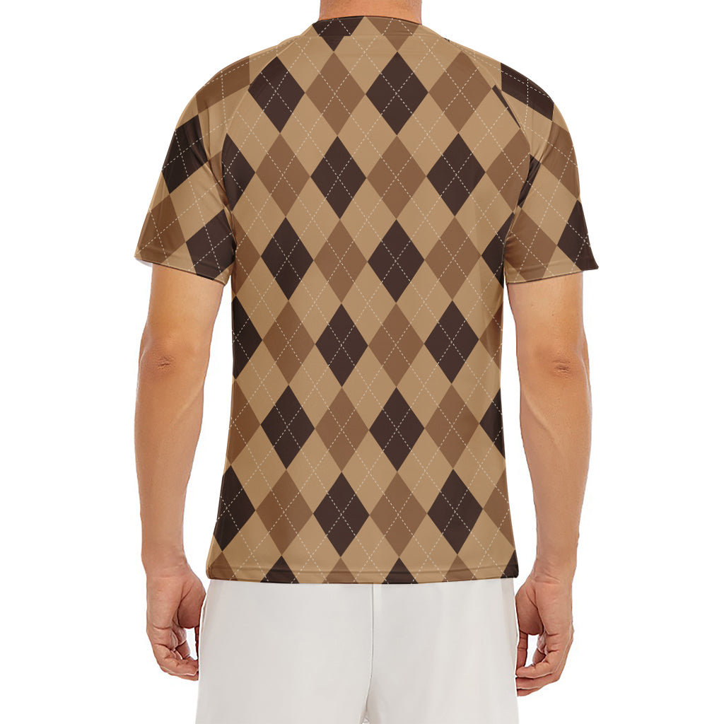 Brown Argyle Pattern Print Men's Short Sleeve Rash Guard