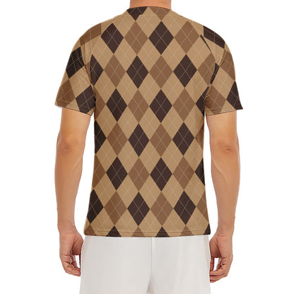 Brown Argyle Pattern Print Men's Short Sleeve Rash Guard