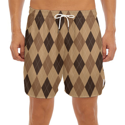 Brown Argyle Pattern Print Men's Split Running Shorts