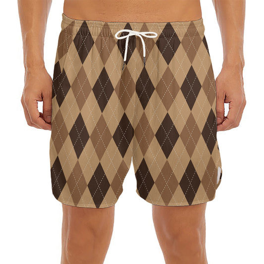 Brown Argyle Pattern Print Men's Split Running Shorts