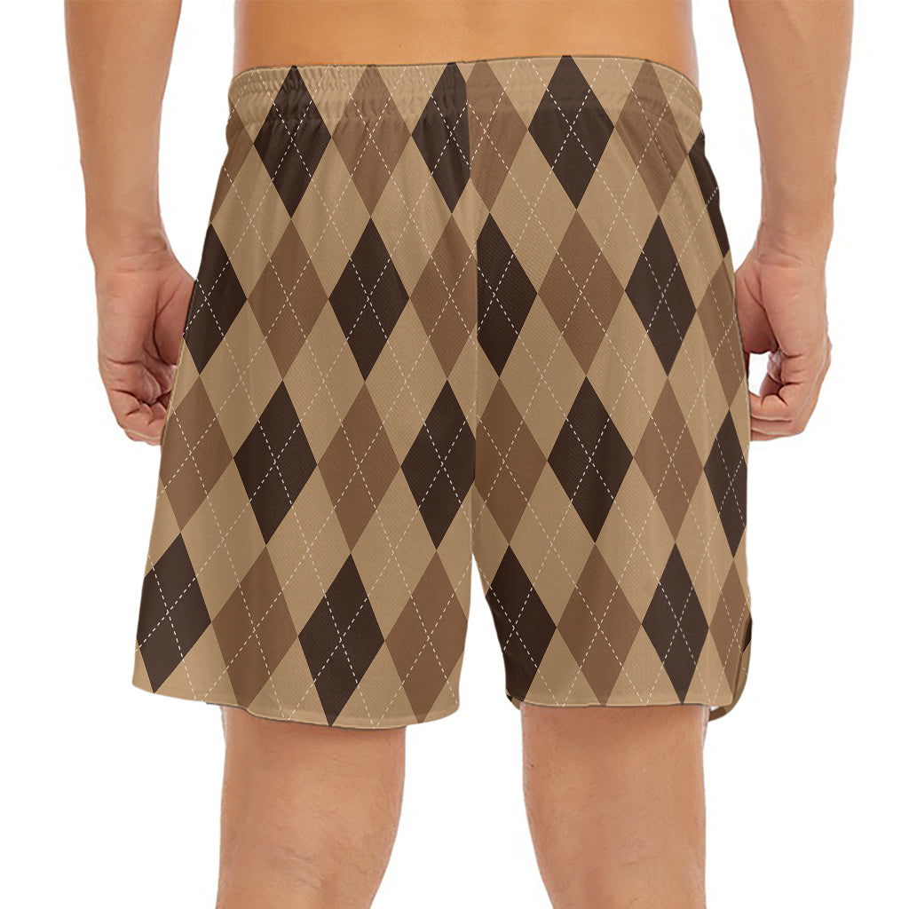 Brown Argyle Pattern Print Men's Split Running Shorts