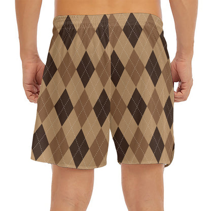 Brown Argyle Pattern Print Men's Split Running Shorts