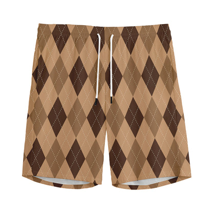 Brown Argyle Pattern Print Men's Sports Shorts