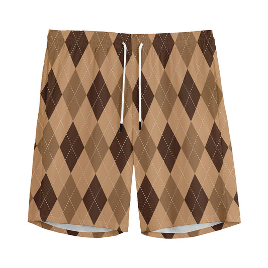 Brown Argyle Pattern Print Men's Sports Shorts