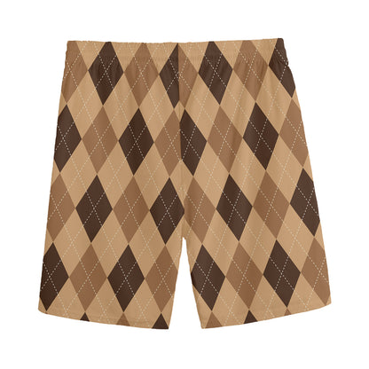 Brown Argyle Pattern Print Men's Sports Shorts
