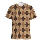 Brown Argyle Pattern Print Men's Sports T-Shirt