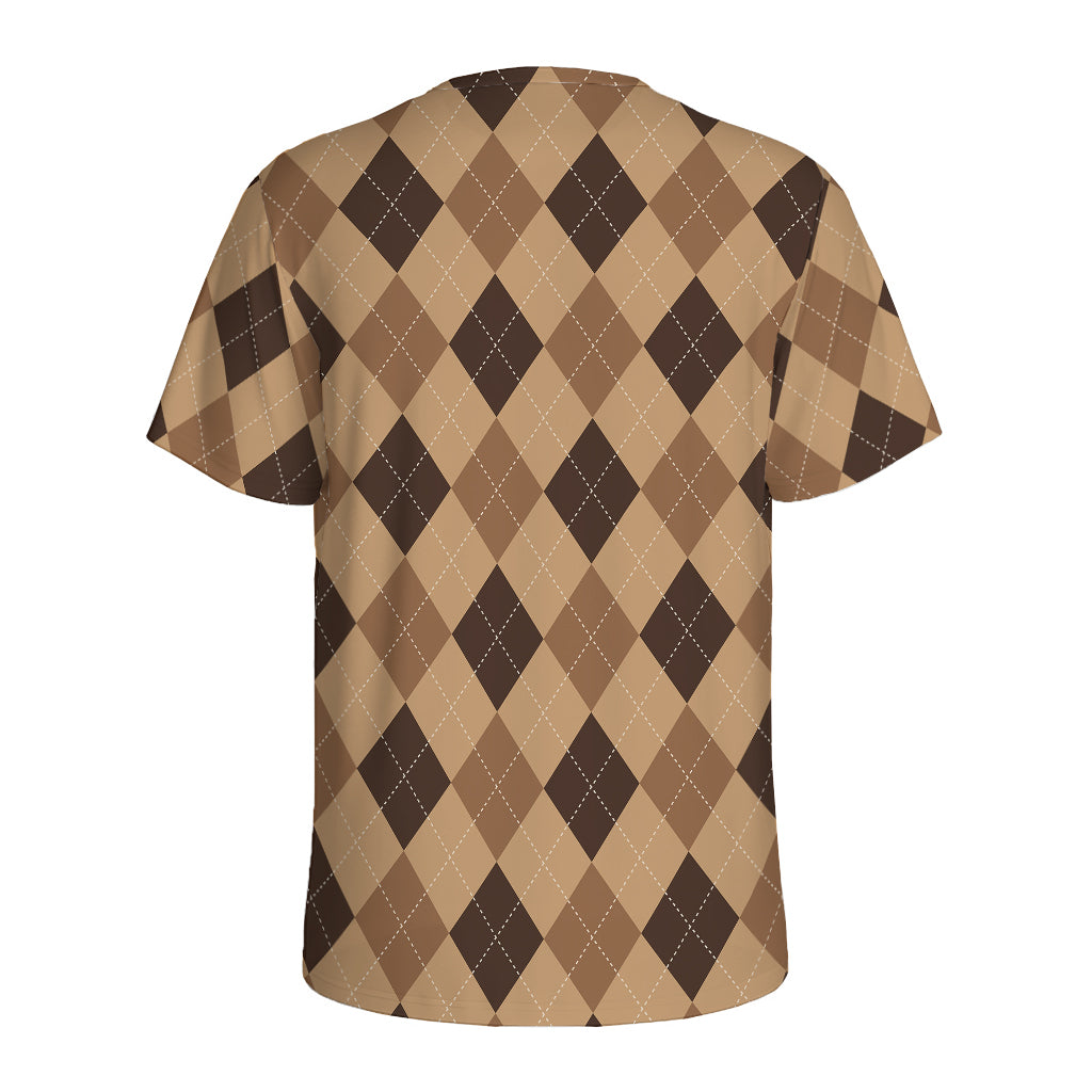Brown Argyle Pattern Print Men's Sports T-Shirt