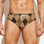 Brown Argyle Pattern Print Men's Swim Briefs