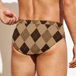 Brown Argyle Pattern Print Men's Swim Briefs