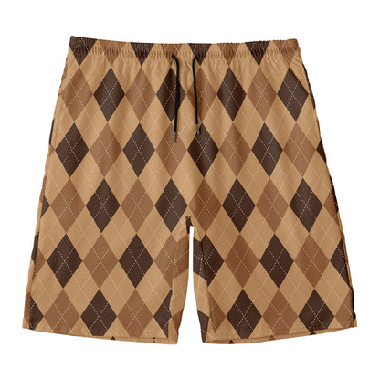 Brown Argyle Pattern Print Men's Swim Trunks