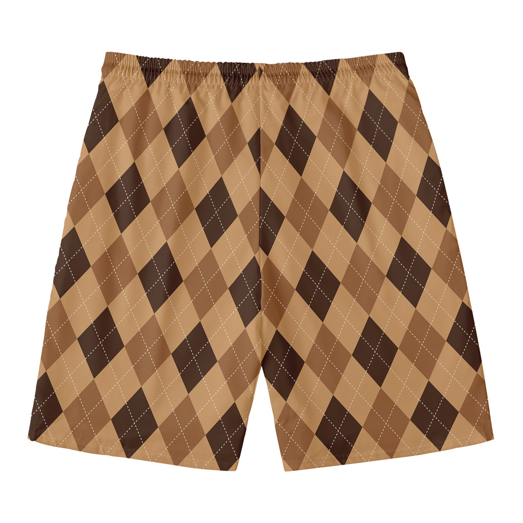 Brown Argyle Pattern Print Men's Swim Trunks