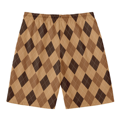 Brown Argyle Pattern Print Men's Swim Trunks