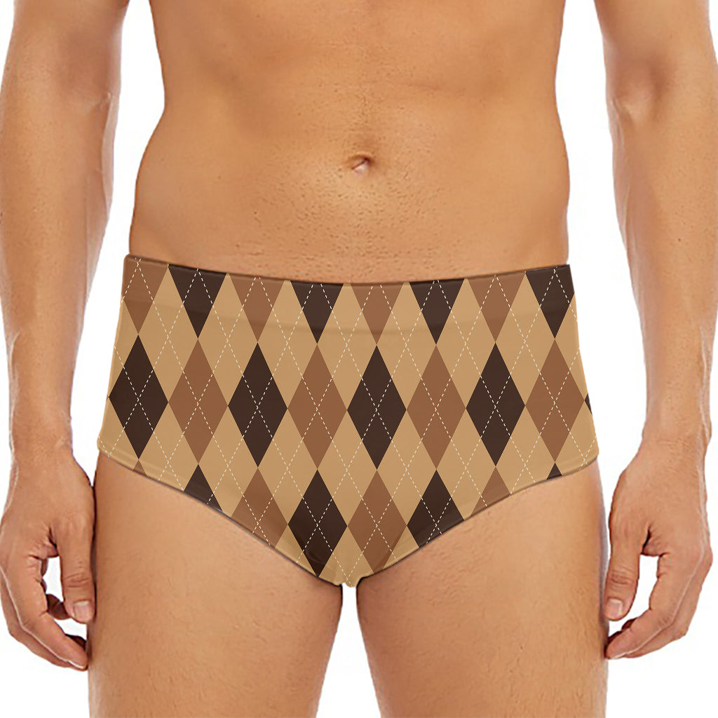 Brown Argyle Pattern Print Men's Triangle Swim Briefs