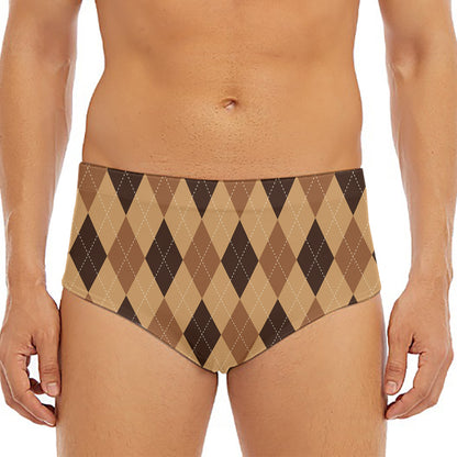 Brown Argyle Pattern Print Men's Triangle Swim Briefs