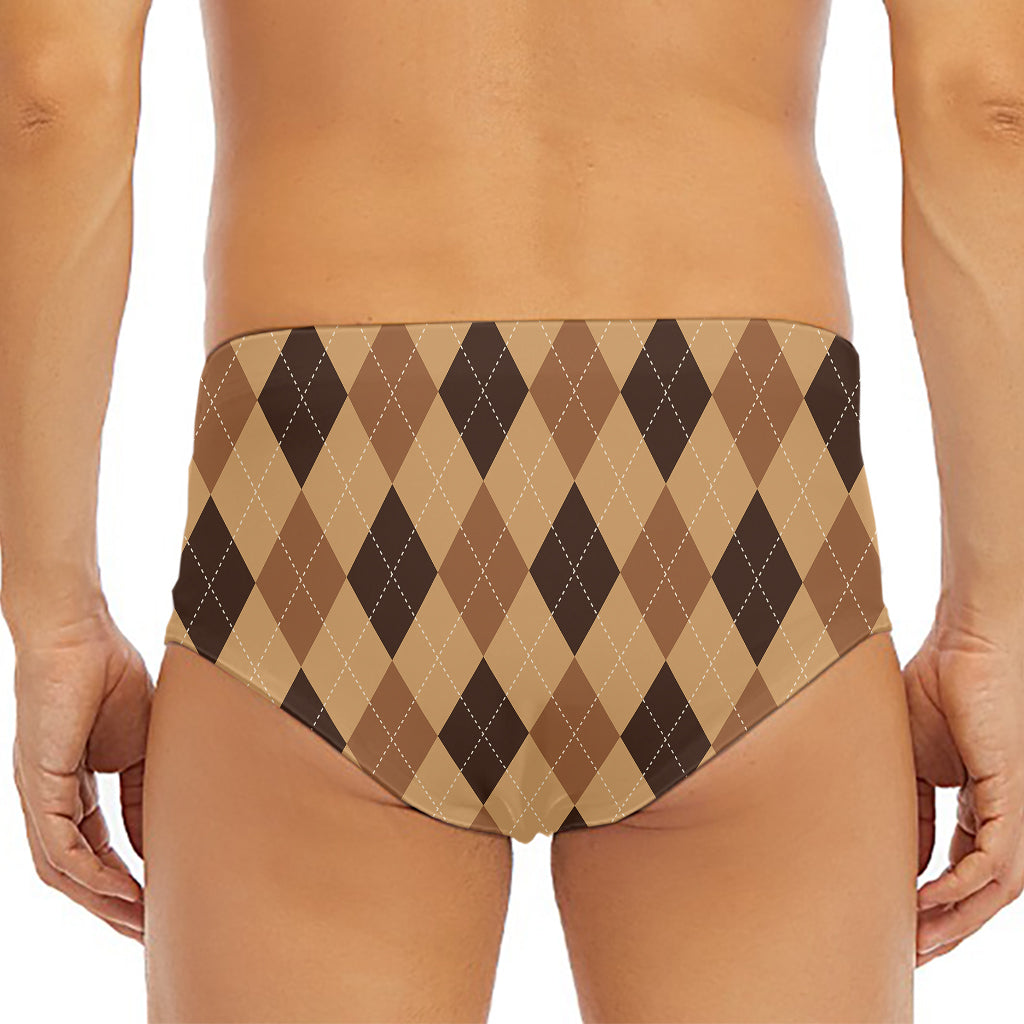 Brown Argyle Pattern Print Men's Triangle Swim Briefs