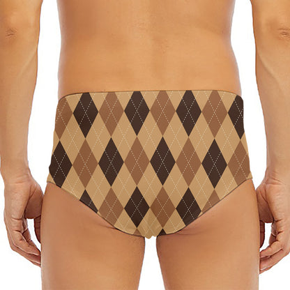 Brown Argyle Pattern Print Men's Triangle Swim Briefs