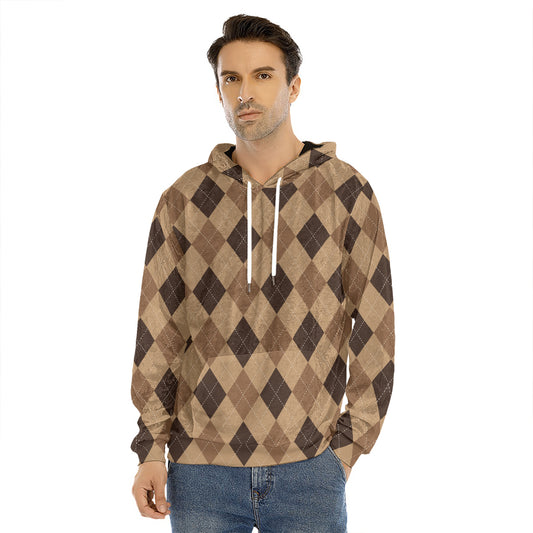 Brown Argyle Pattern Print Men's Velvet Pullover Hoodie