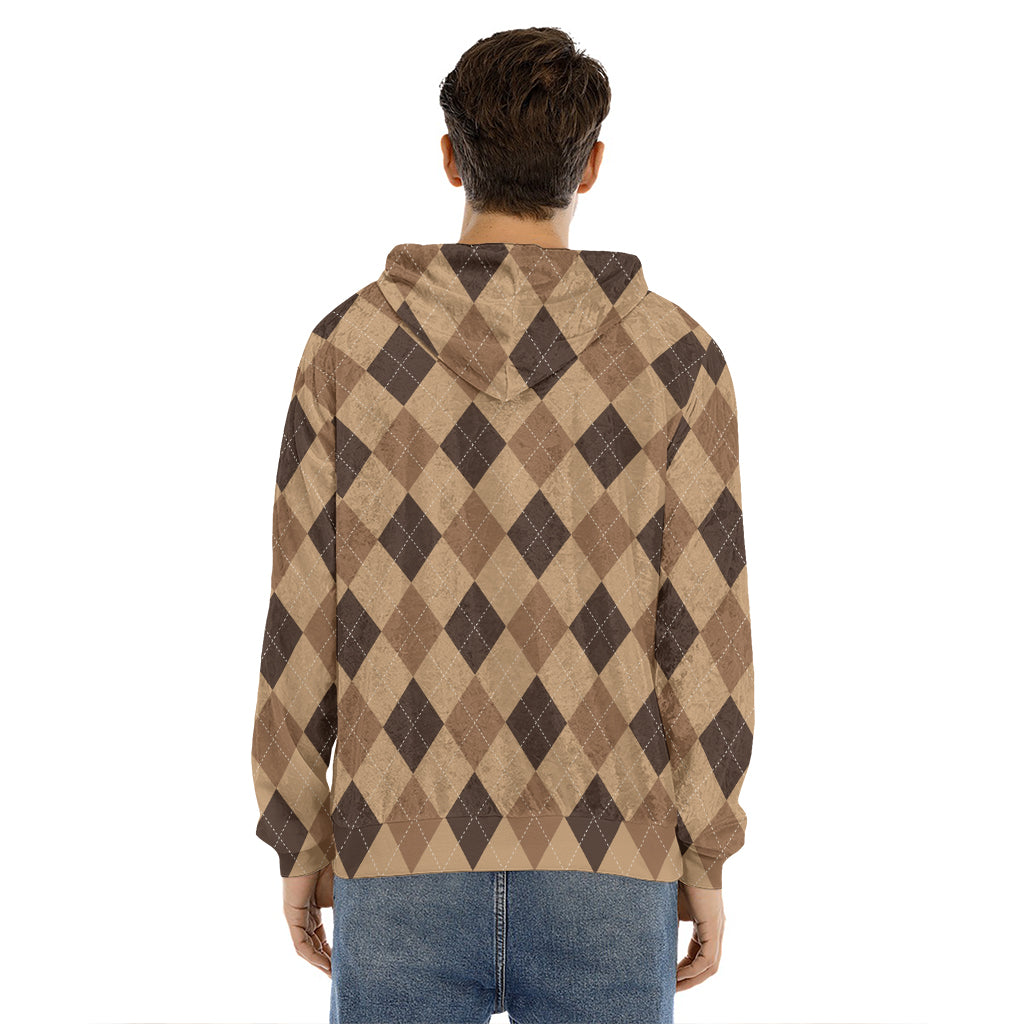Brown Argyle Pattern Print Men's Velvet Pullover Hoodie
