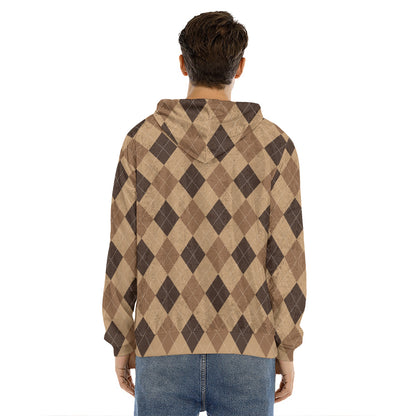 Brown Argyle Pattern Print Men's Velvet Pullover Hoodie