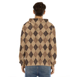 Brown Argyle Pattern Print Men's Velvet Pullover Hoodie