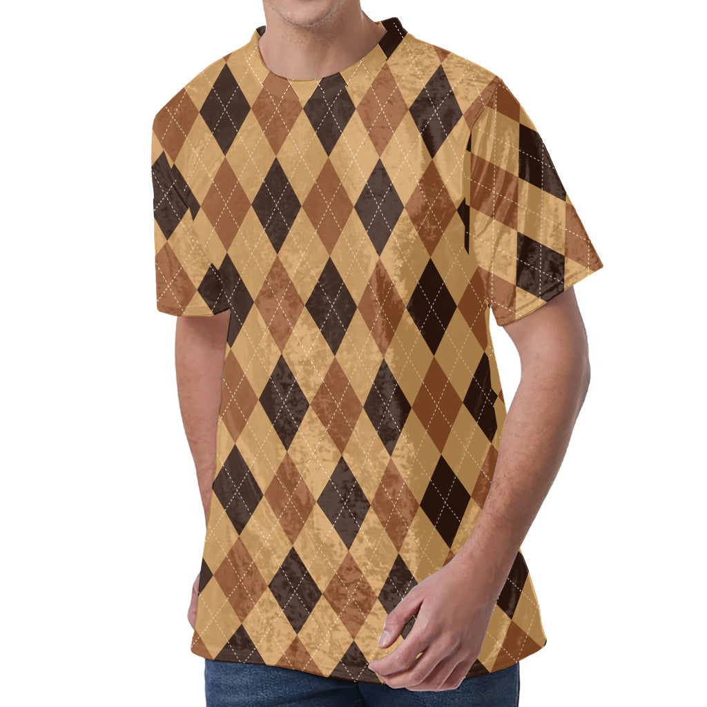 Brown Argyle Pattern Print Men's Velvet T-Shirt