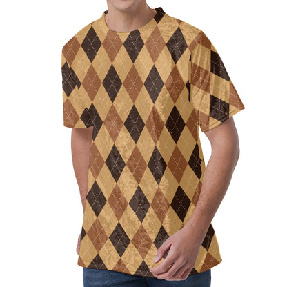 Brown Argyle Pattern Print Men's Velvet T-Shirt