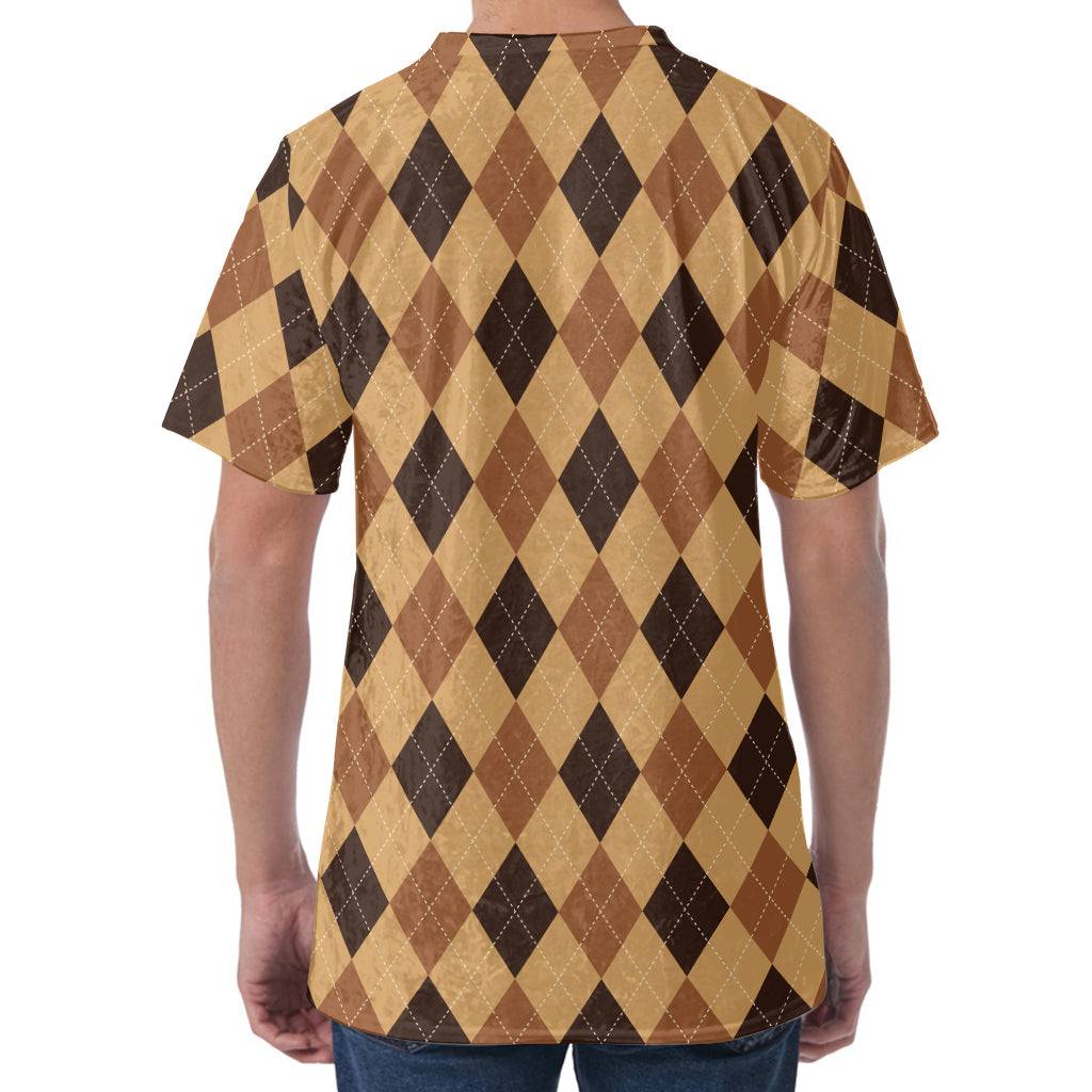 Brown Argyle Pattern Print Men's Velvet T-Shirt