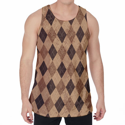 Brown Argyle Pattern Print Men's Velvet Tank Top