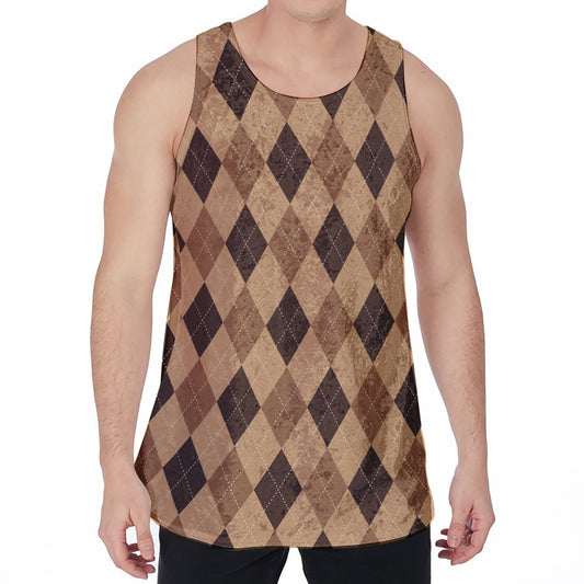 Brown Argyle Pattern Print Men's Velvet Tank Top