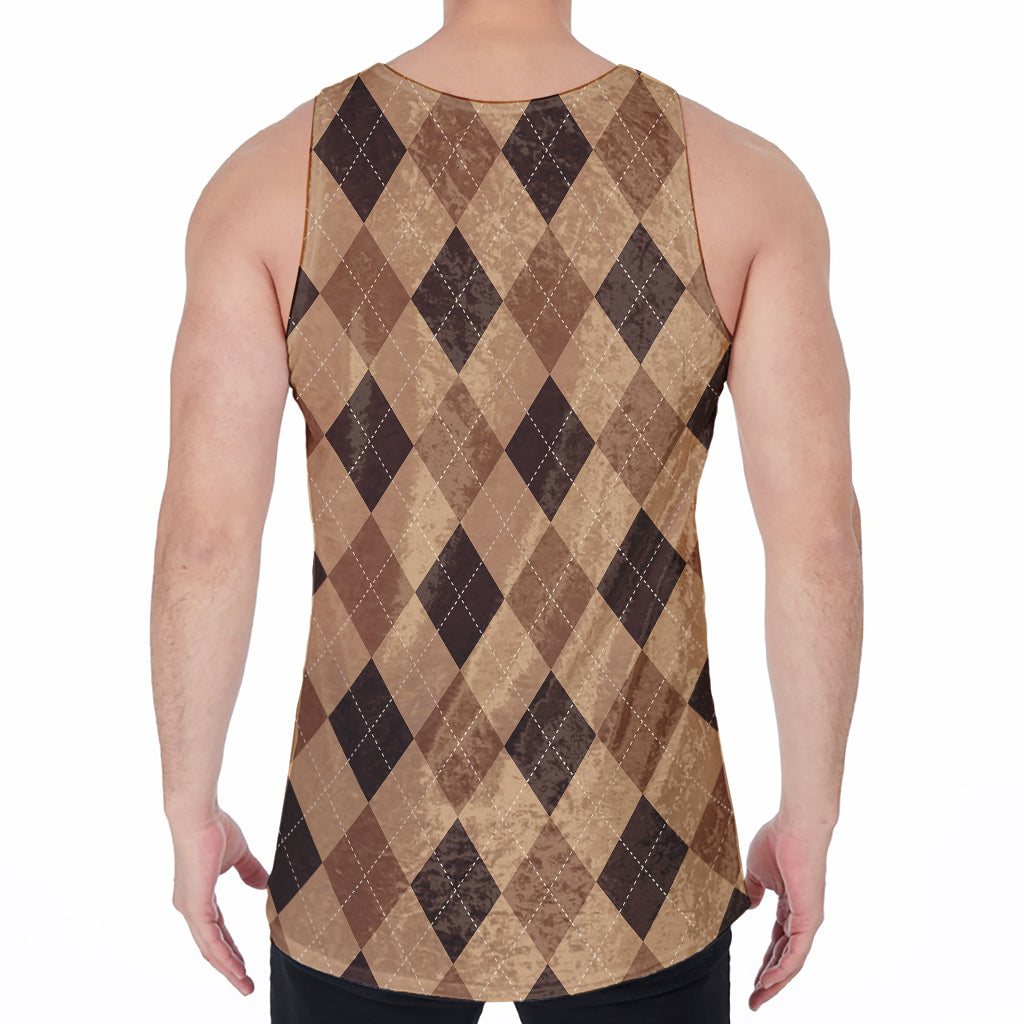 Brown Argyle Pattern Print Men's Velvet Tank Top