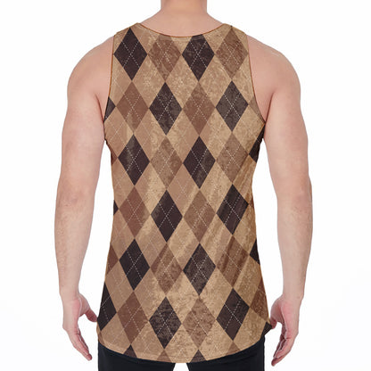 Brown Argyle Pattern Print Men's Velvet Tank Top