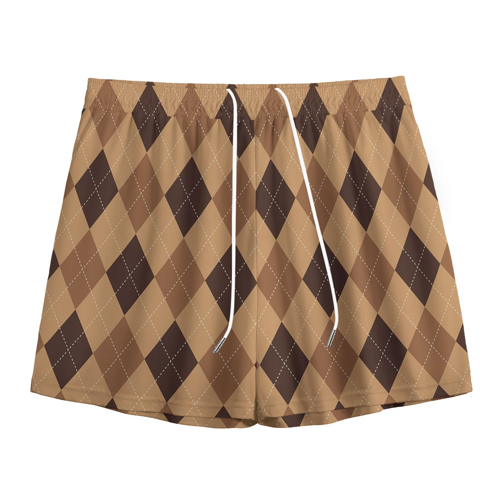 Brown Argyle Pattern Print Mesh Shorts