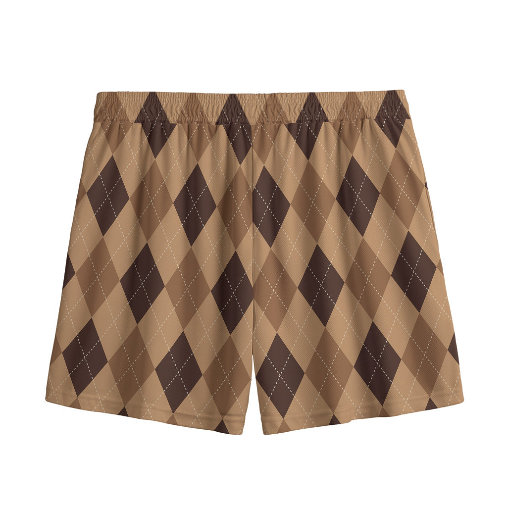 Brown Argyle Pattern Print Mesh Shorts